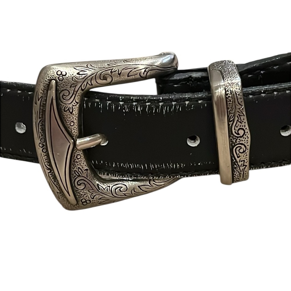 Black Leather Belt with Silver Buckle Made in Brazil Size 39”